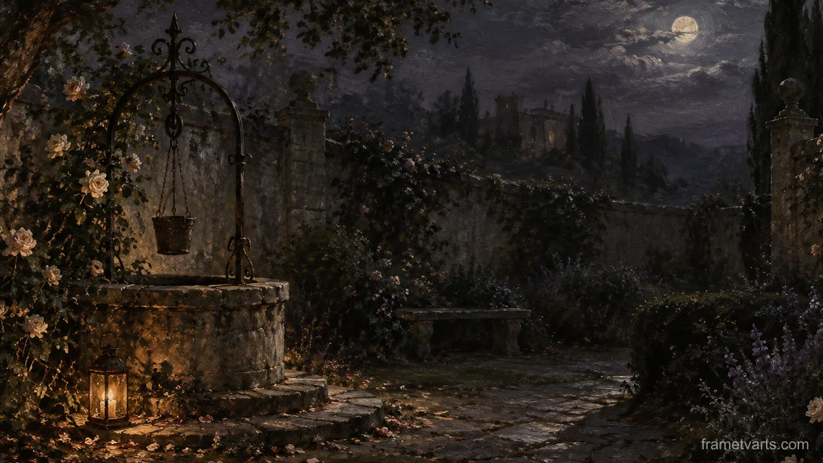 Haunted well in a walled garden – atmospheric oil painting Samsung Frame TV art, 4K