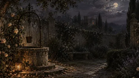 Haunted well in a walled garden – atmospheric oil painting Frame TV art