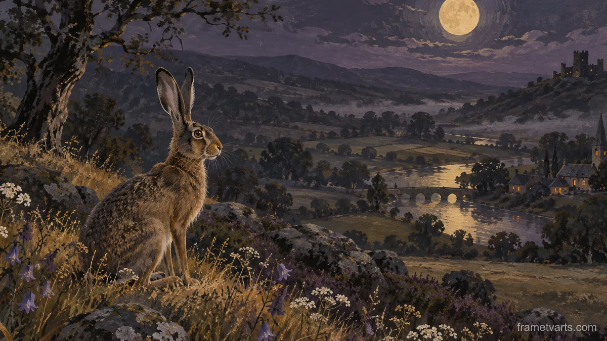 Witch's hare in a moonlit meadow – naturalist gouache Samsung Frame TV art, 4K