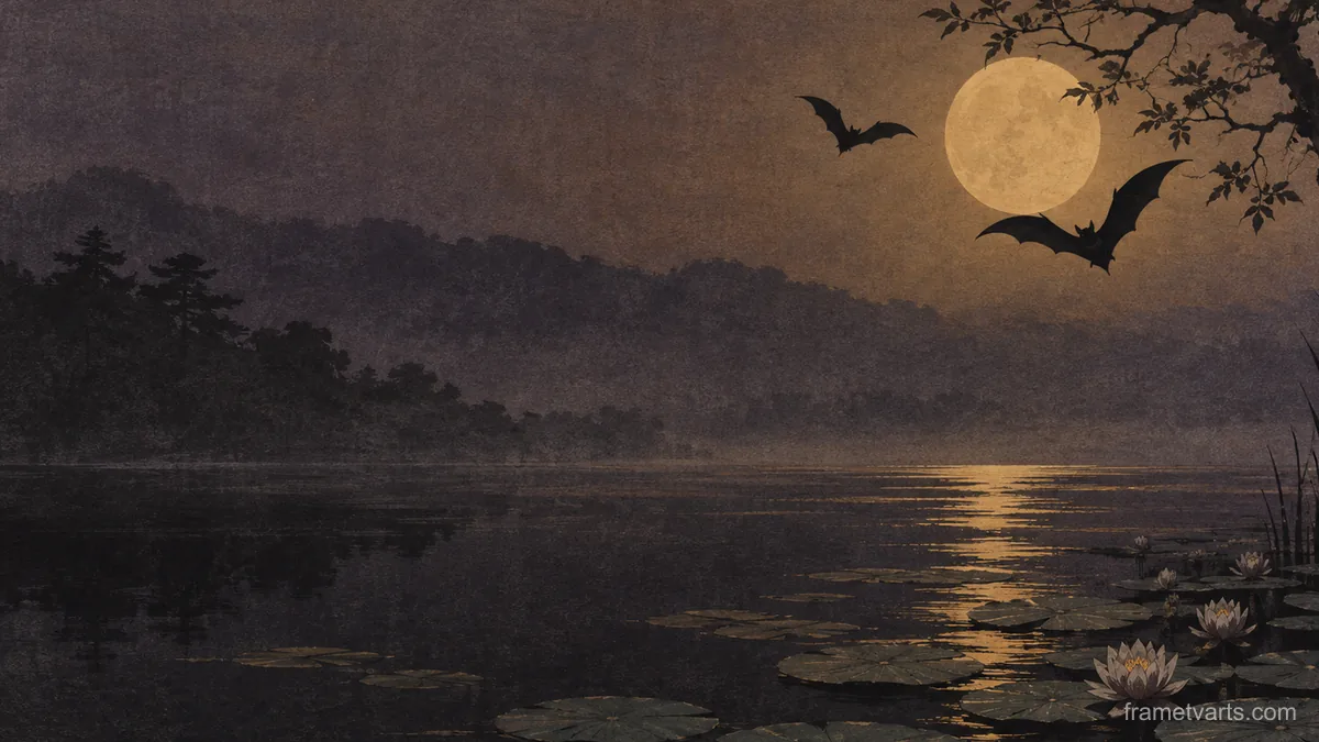 Bat silhouettes over a lily pond at dusk – japanese-inspired minimal composition Samsung Frame TV art, 4K