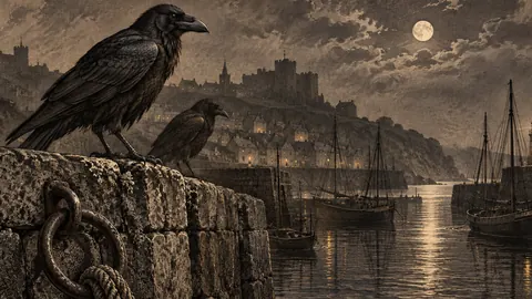 Ravens on a harbour wall – vintage plate engraving Frame TV art