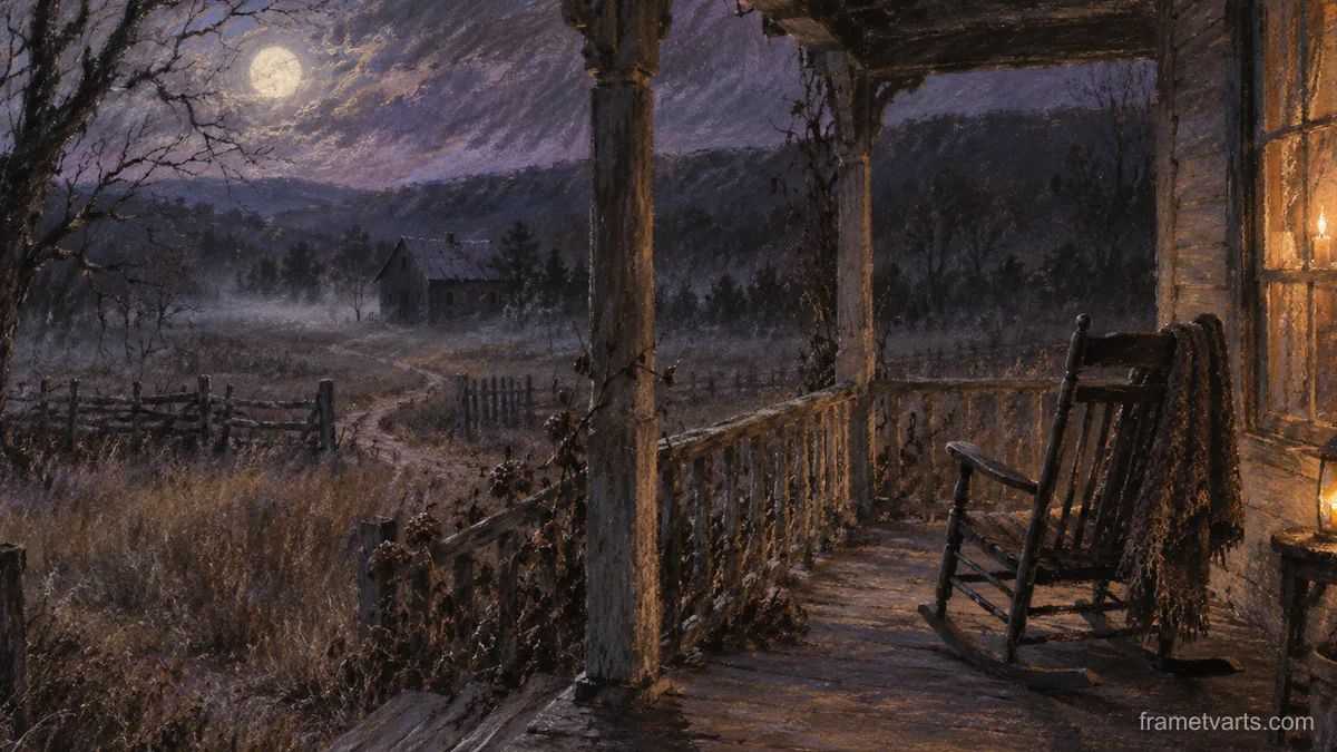 Haunted farmhouse porch with a rocking chair – soft pastel drawing Samsung Frame TV art, 4K