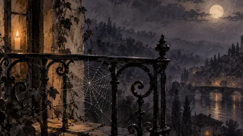 Cobweb on a wrought-iron balcony – minimal ink and wash Frame TV art