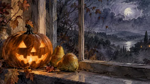 Jack-o-lantern and pears on a windowsill – elegant watercolor Frame TV art