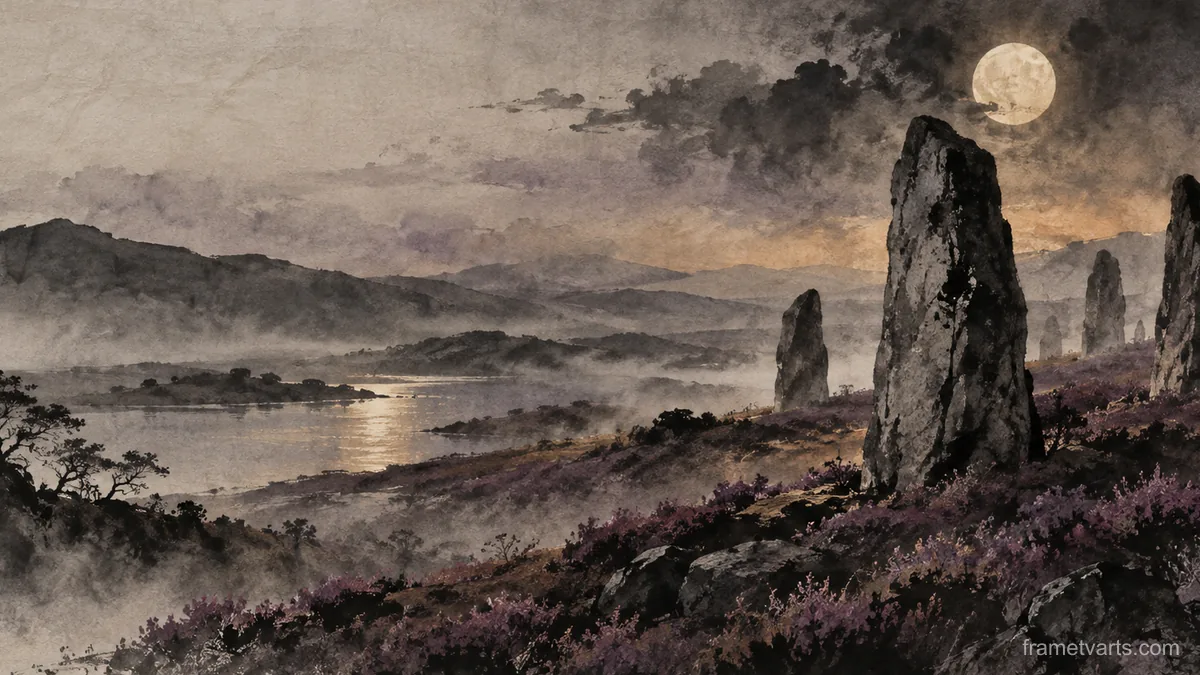 Spooky standing stones in heather – zen sumi-e ink wash Samsung Frame TV art, 4K