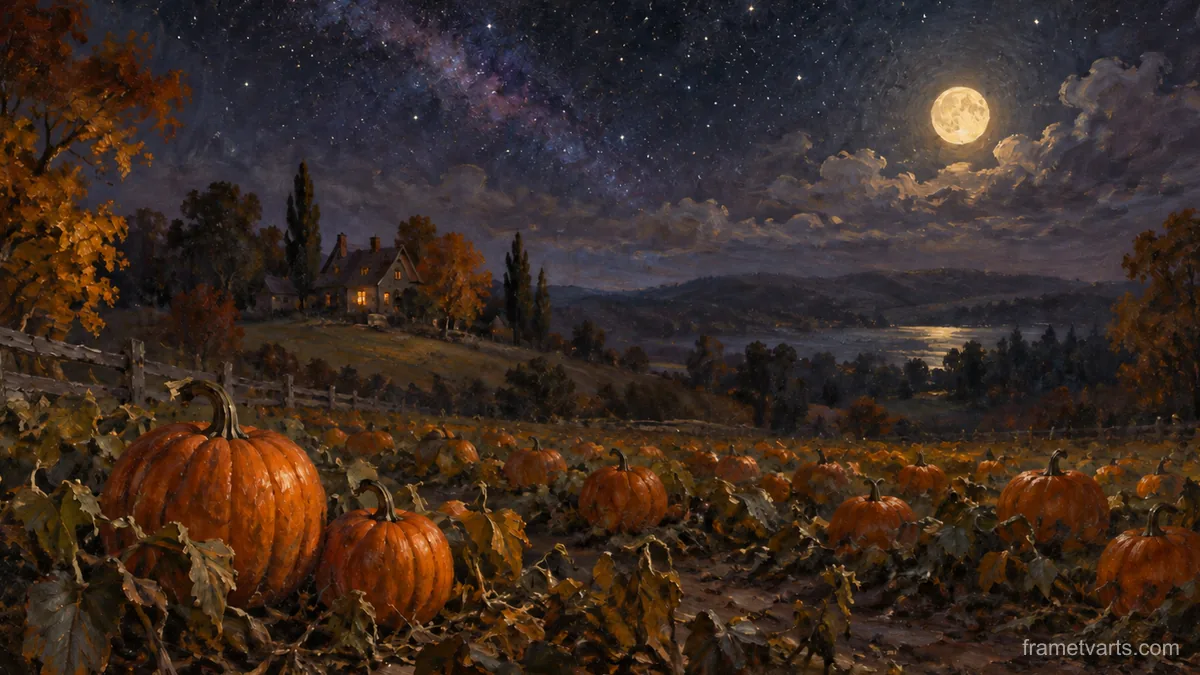 Pumpkin field under a starry sky – atmospheric oil painting Samsung Frame TV art, 4K