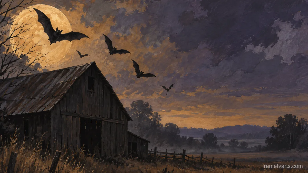 Bat silhouettes above an old barn roofline – naturalist gouache Samsung Frame TV art, 4K