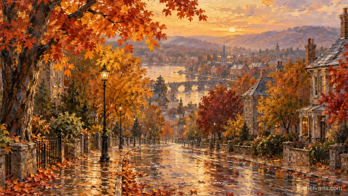 Maple avenue after autumn rain – impressionist oil painting Samsung Frame TV art, 4K