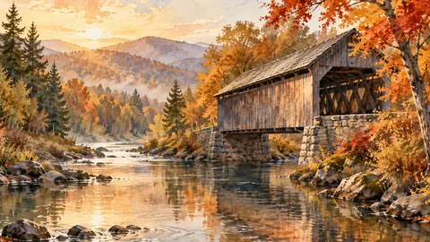 Autumn covered bridge over a slow river – elegant watercolor Frame TV art