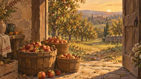 Harvest baskets of apples in an orchard doorway – naturalist gouache Frame TV art