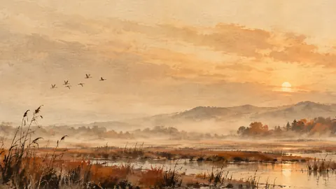 Autumn marshland with drifting mist – minimal ink and wash Frame TV art