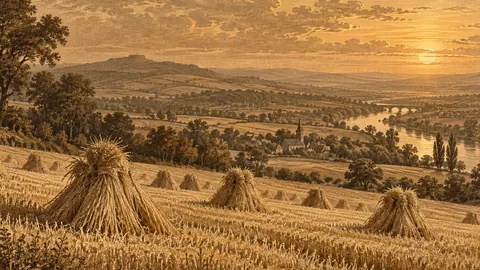 Wheat field stooks under an amber sky – vintage plate engraving Frame TV art