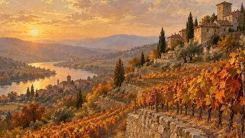 Autumn vineyard terraces in late light – tonal oil painting Frame TV art