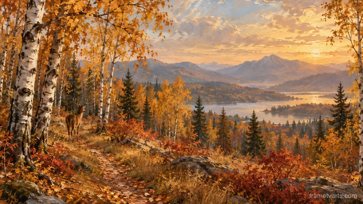 Autumn birch forest with a deer trail – atmospheric oil painting Samsung Frame TV art, 4K