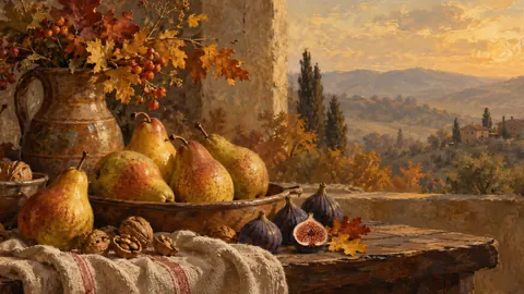 Thanksgiving table of pears, walnuts and figs – tonal oil painting Frame TV art