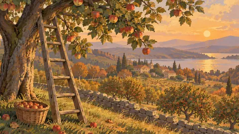 Orchard ladder against a laden apple tree – storybook gouache Frame TV art