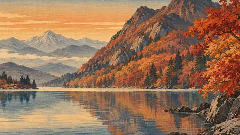 Autumn mountain lake mirroring russet slopes – japanese-inspired woodblock print Frame TV art