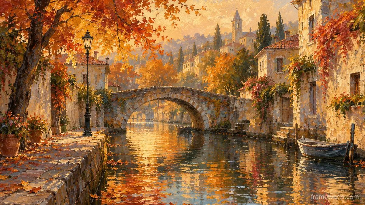 Fall foliage reflected in a canal town – impressionist oil painting Samsung Frame TV art, 4K