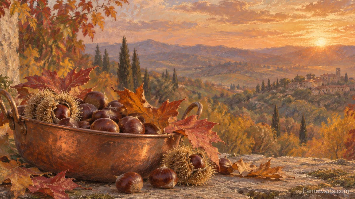 Chestnuts and autumn foliage in a copper bowl – soft pastel drawing Samsung Frame TV art, 4K
