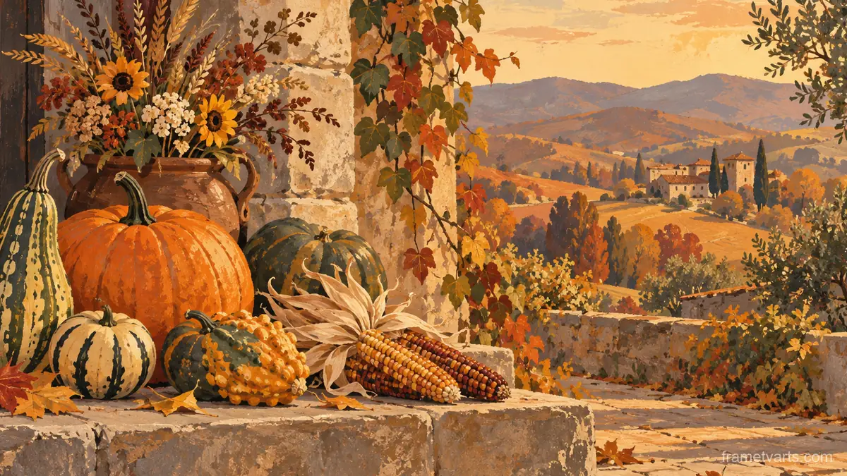 Harvest gourds and dried corn on a stone step – decorative folk gouache Samsung Frame TV art, 4K