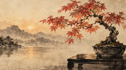 Maple bonsai on a dark lacquer table – zen sumi-e ink wash Frame TV art
