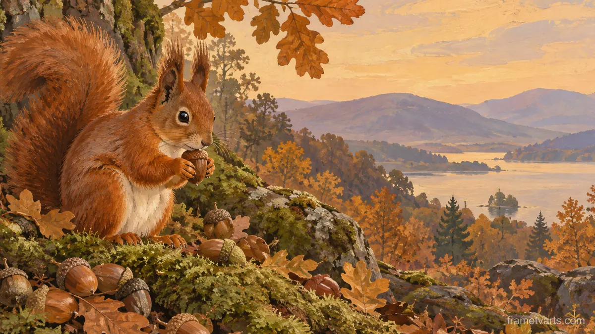 Red squirrel among acorns and moss – naturalist gouache Samsung Frame TV art, 4K