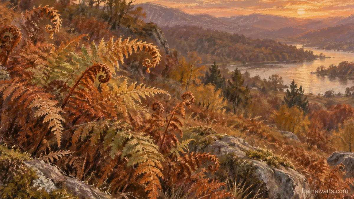Autumn ferns curling in low light – chalk pastel study Samsung Frame TV art, 4K