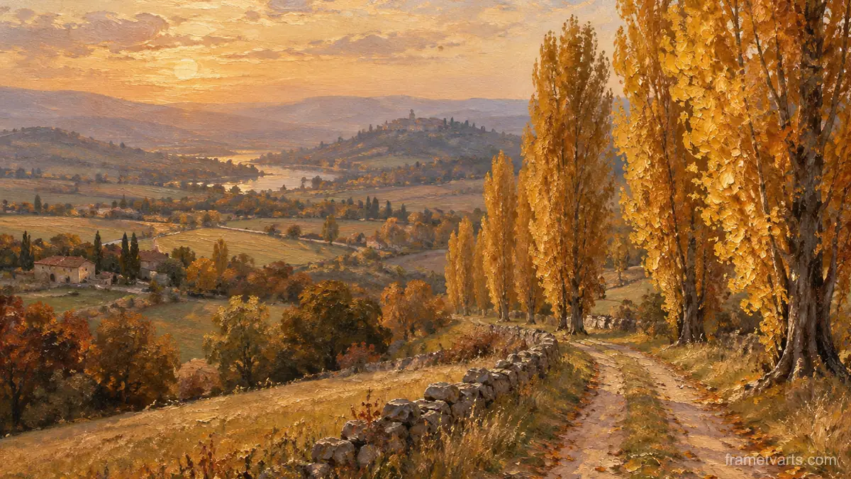 Autumn poplar row along a farm track – tonal oil painting Samsung Frame TV art, 4K