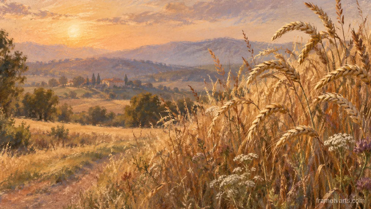 Wheat field edge with seed heads – chalk pastel study Samsung Frame TV art, 4K