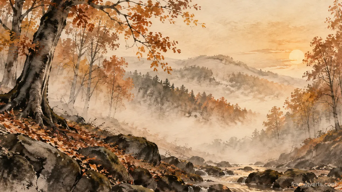 Autumn fog in a beech hollow – zen sumi-e ink wash Samsung Frame TV art, 4K