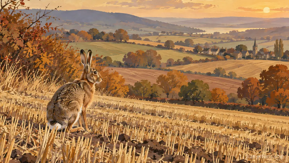 Autumn hare in a stubble field – naturalist gouache Samsung Frame TV art, 4K