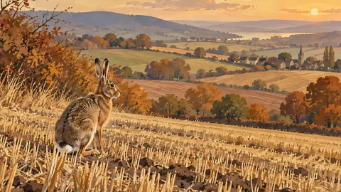 Autumn hare in a stubble field – naturalist gouache Frame TV art