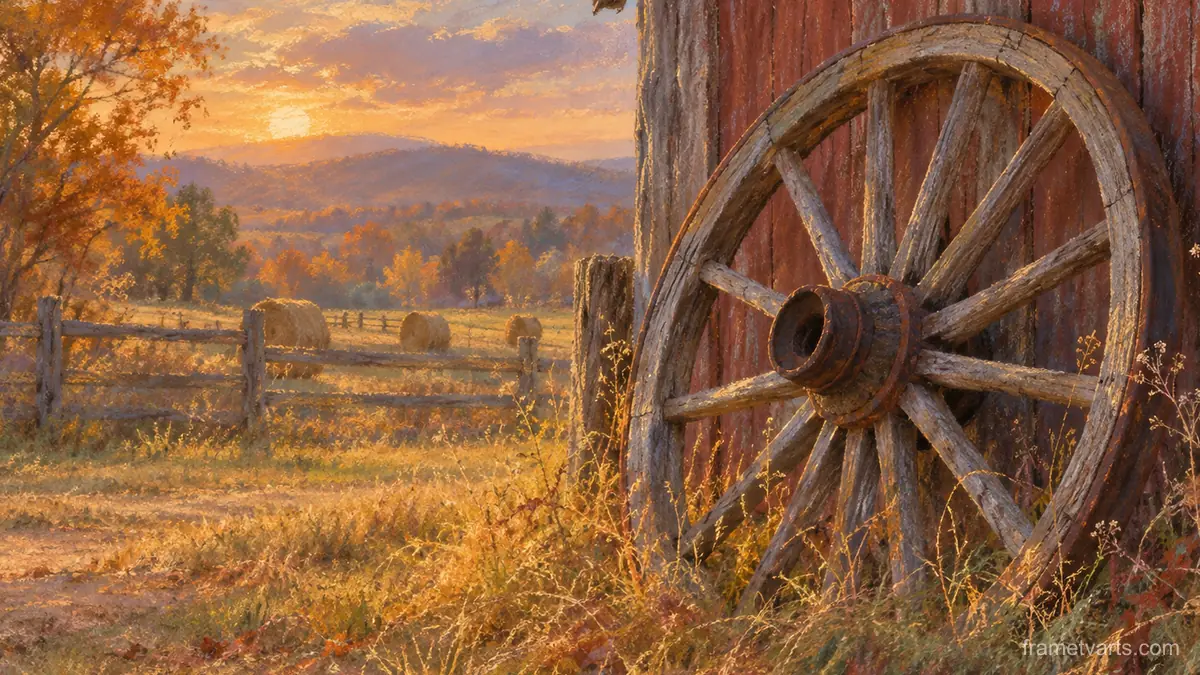 Harvest cart wheel against a barn wall – soft pastel drawing Samsung Frame TV art, 4K