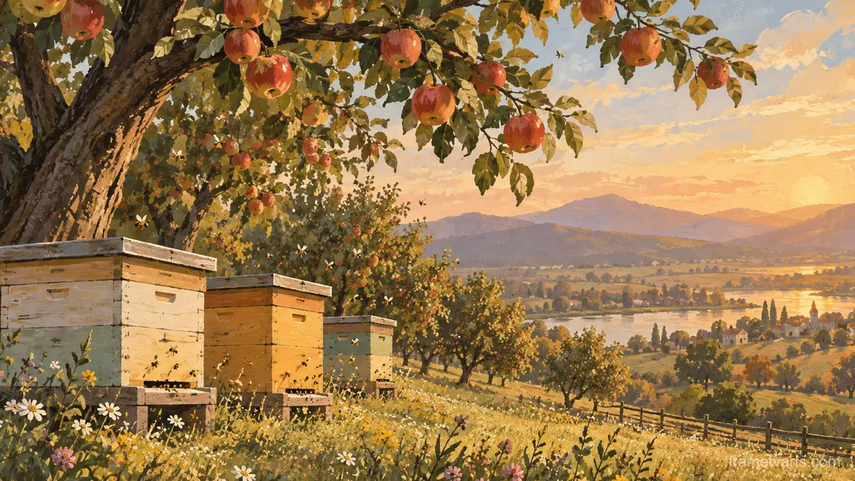 Orchard beehives under apple boughs – storybook gouache Samsung Frame TV art, 4K