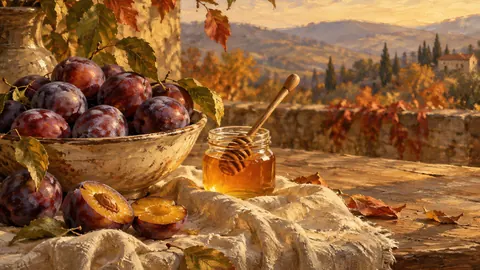 Autumn plums and honey on a linen cloth – tonal oil painting Frame TV art