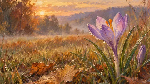 Autumn crocus in wet grass – chalk pastel study Frame TV art