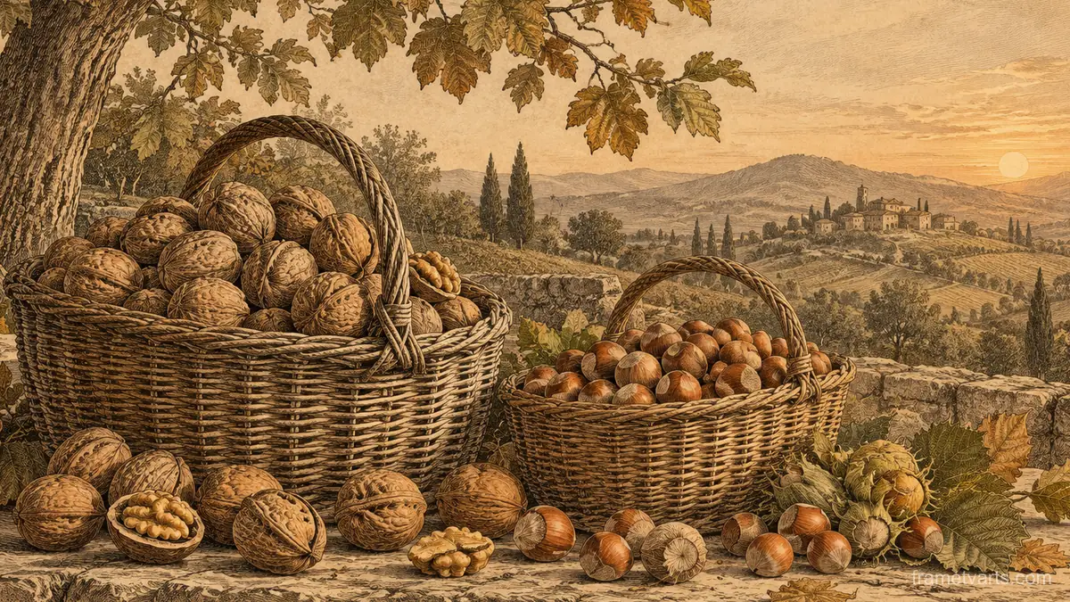 Harvest baskets of walnuts and hazelnuts – vintage plate engraving Samsung Frame TV art, 4K