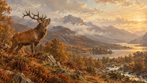 Autumn stag calling across a glen – atmospheric oil painting Frame TV art