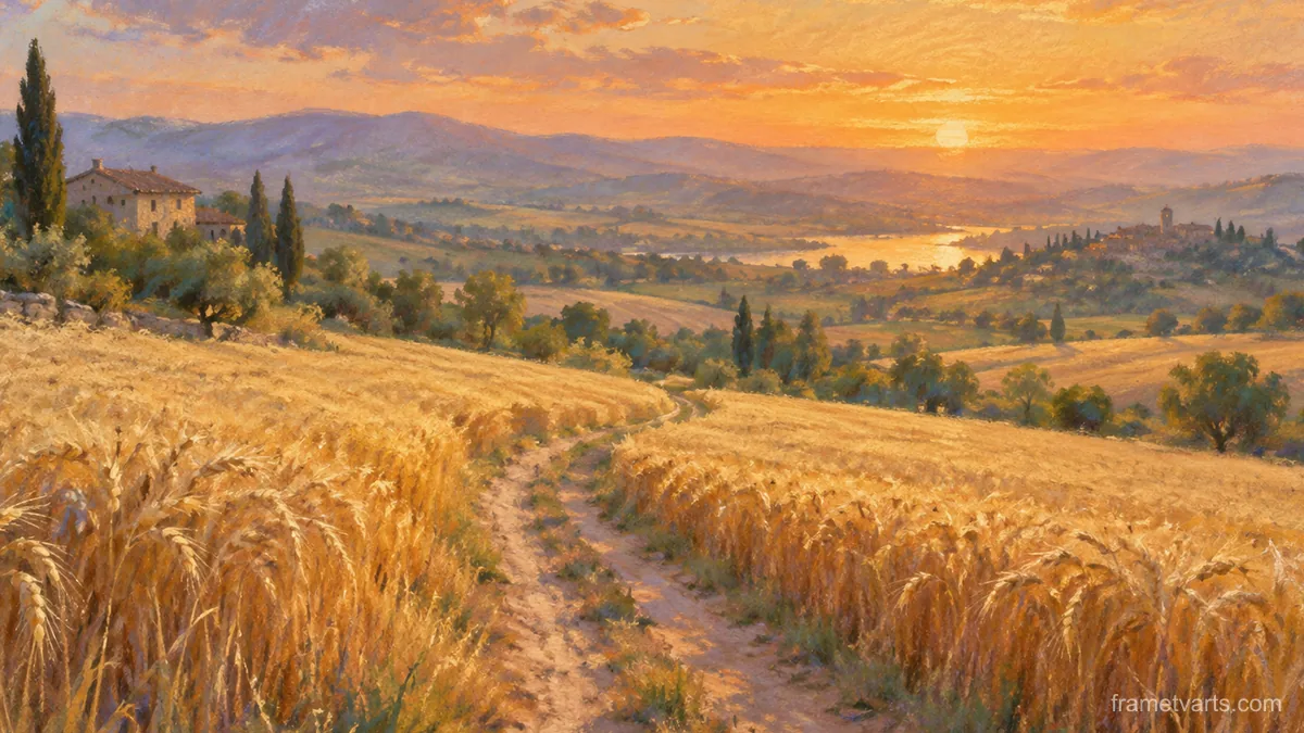 Wheat field path at golden hour – soft pastel drawing Samsung Frame TV art, 4K
