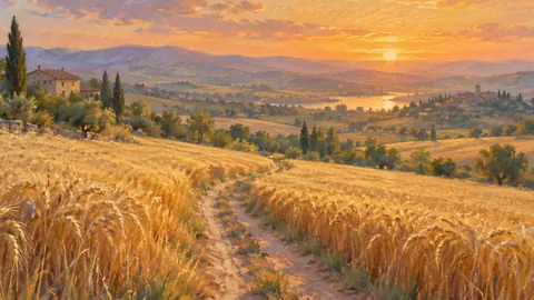 Wheat field path at golden hour – soft pastel drawing Frame TV art