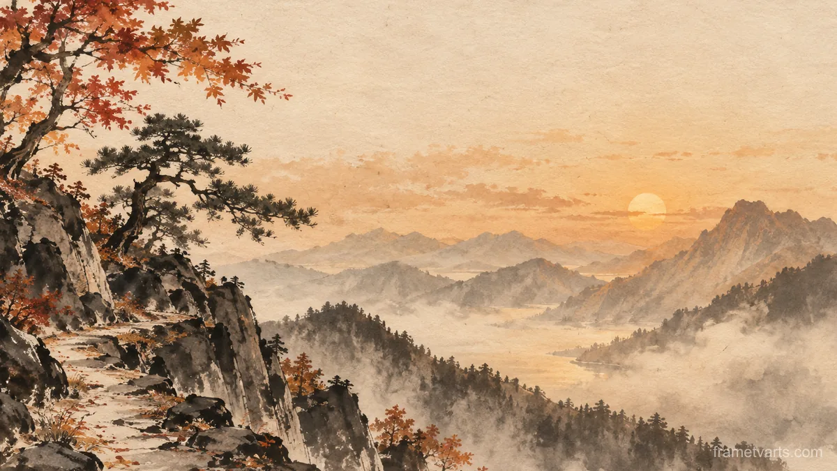 Maple and pine at a mountain pass – zen sumi-e ink wash Samsung Frame TV art, 4K