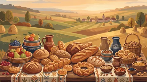Harvest festival table of breads and fruit – decorative folk gouache Frame TV art