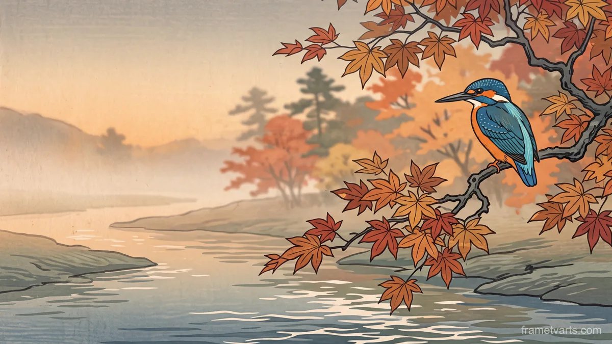Autumn kingfisher above a slow stream – japanese-inspired woodblock print Samsung Frame TV art, 4K