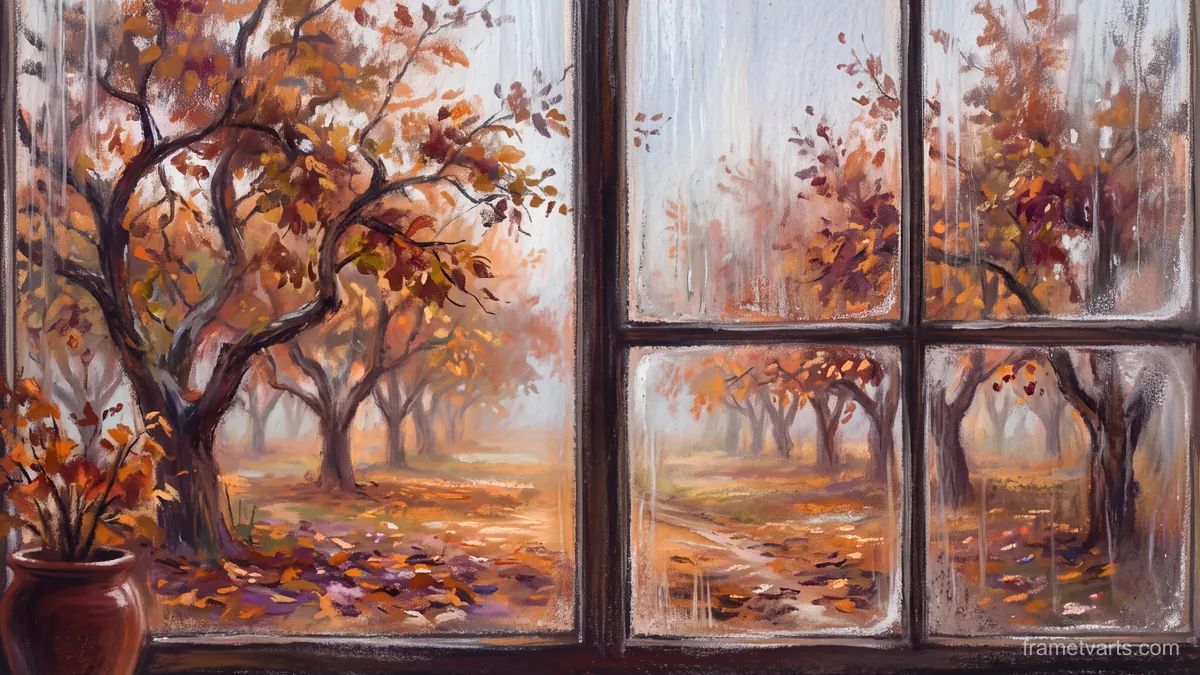 Orchard in autumn rain seen through a window – chalk pastel study Samsung Frame TV art, 4K