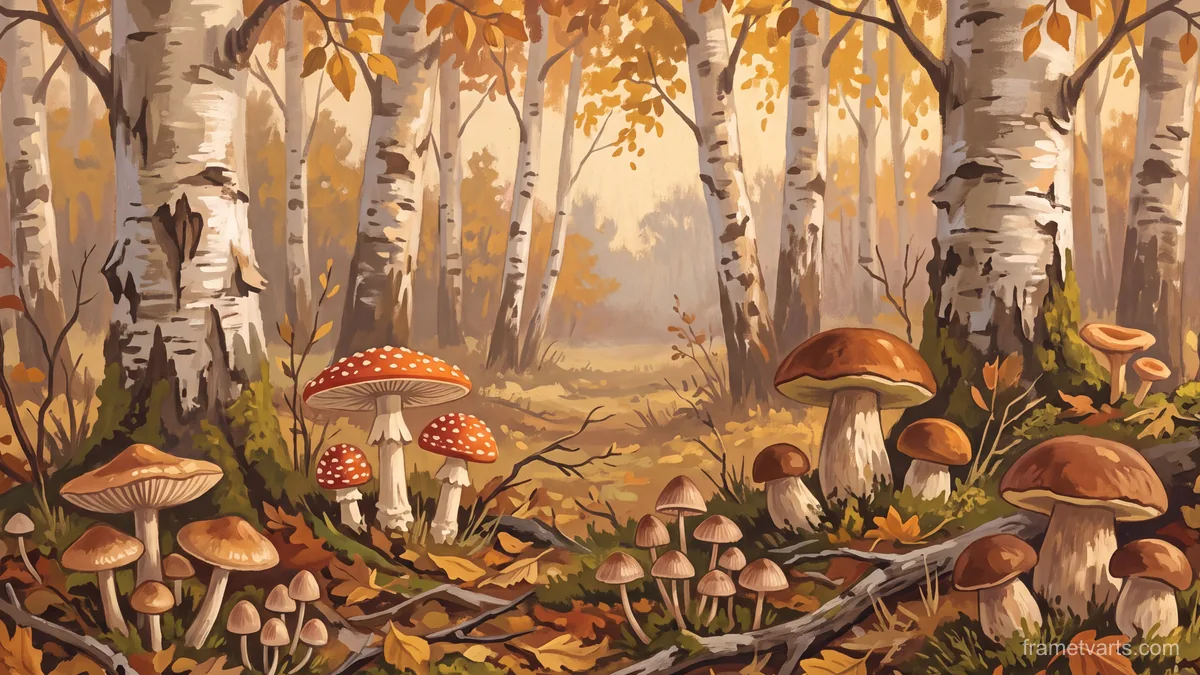 Autumn mushrooms under birch – naturalist gouache Samsung Frame TV art, 4K