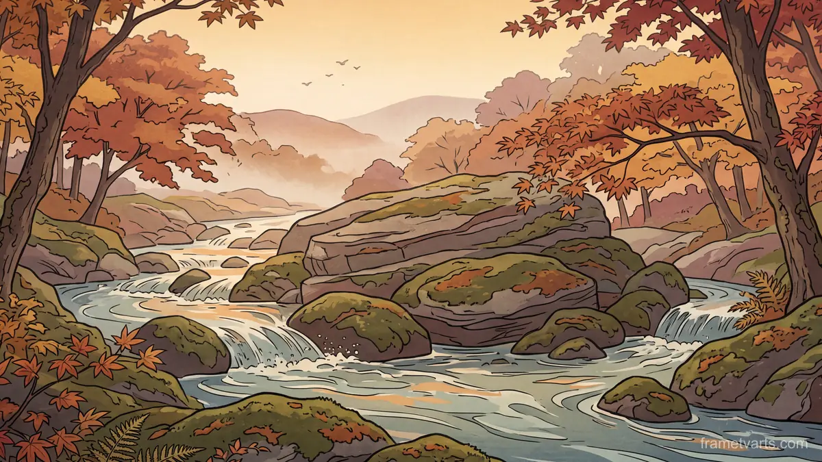 Maple woodland stream over mossy rocks – japanese-inspired woodblock print Samsung Frame TV art, 4K