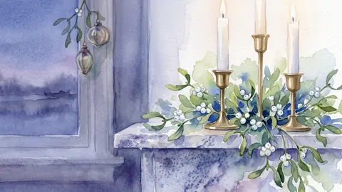 Mistletoe and white candles on a marble mantel – elegant watercolor Frame TV art