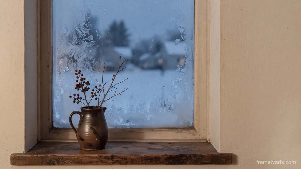 Frosted window with winter berries in a jug – japanese-inspired minimal composition Samsung Frame TV art, 4K