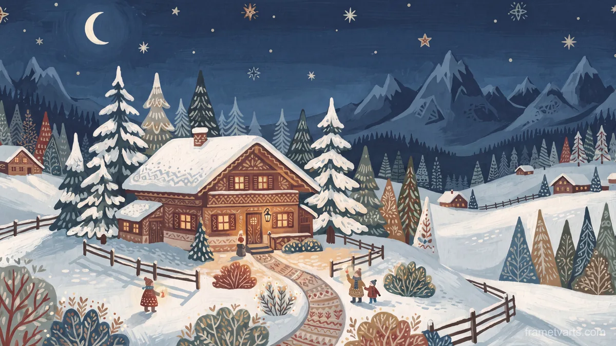 Snowy alpine chalet at blue hour – decorative folk gouache Samsung Frame TV art, 4K