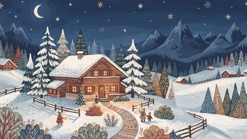 Snowy alpine chalet at blue hour – decorative folk gouache Frame TV art